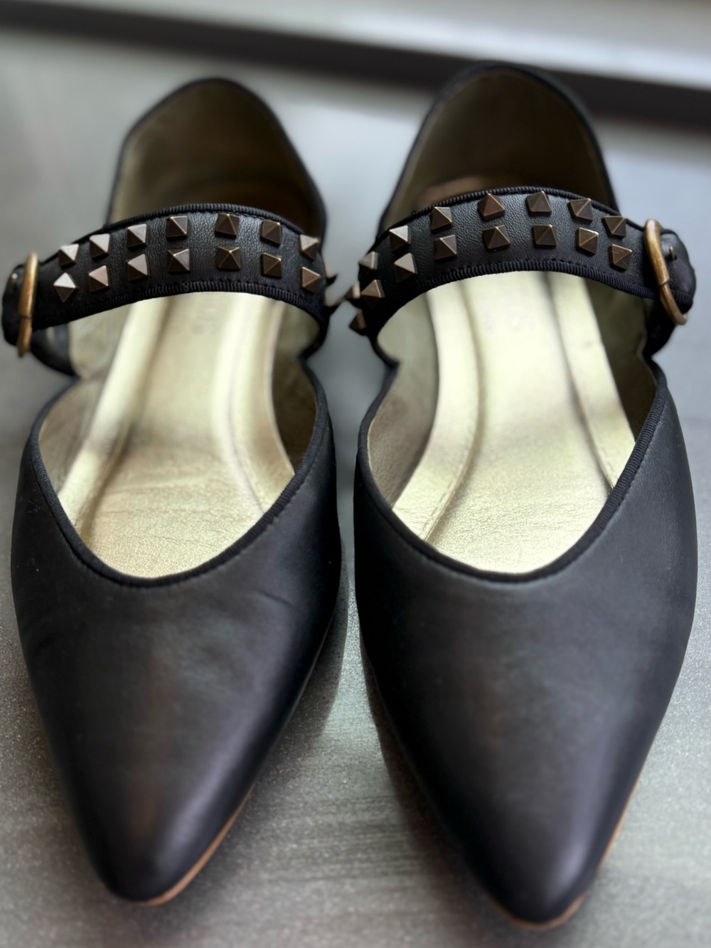 Studded Black Pointed Mary Jane Flats